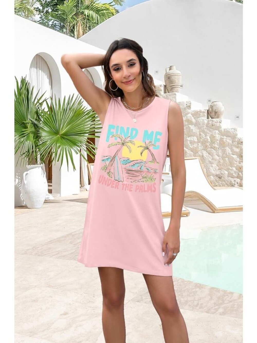 Women's Pink Stylish Sleeveless Beach Vacation Sundress Short Tank Mini Dress - Picture 3 of 5